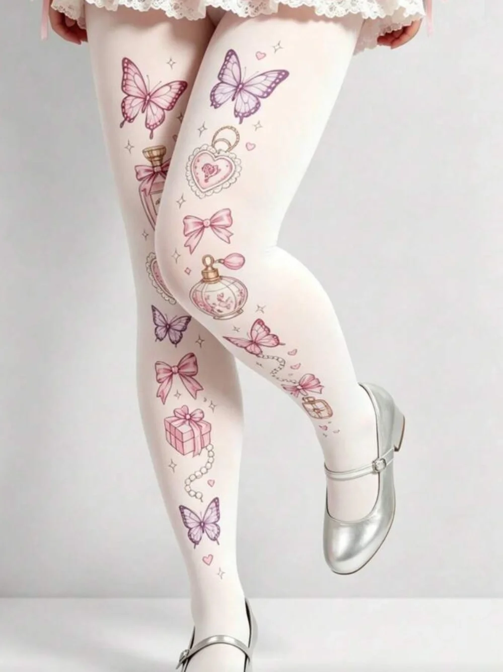 Cute White Floral & Butterfly Printed Tights for Women